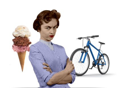 Angry mother between ice cream and bicycle