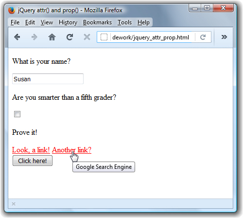 The jQuery practice document with a tool tip over the second link showing ''Google Search Engine''
